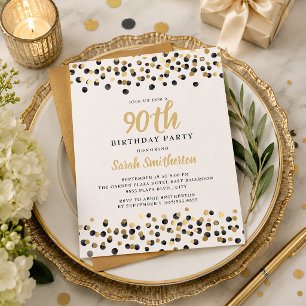 White Black Gold Confetti Glitter 90th Birthday Invitation