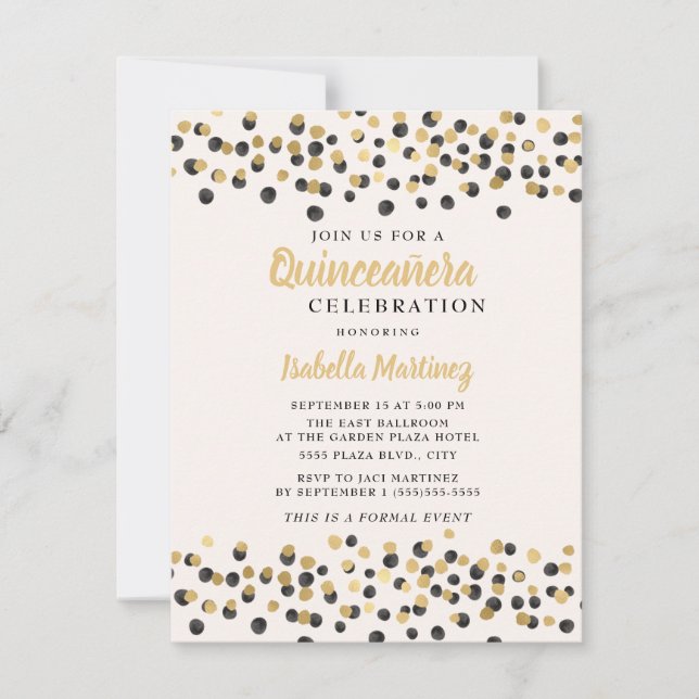 White Black Gold Confetti Glitter Quinceanera Invitation (Front)