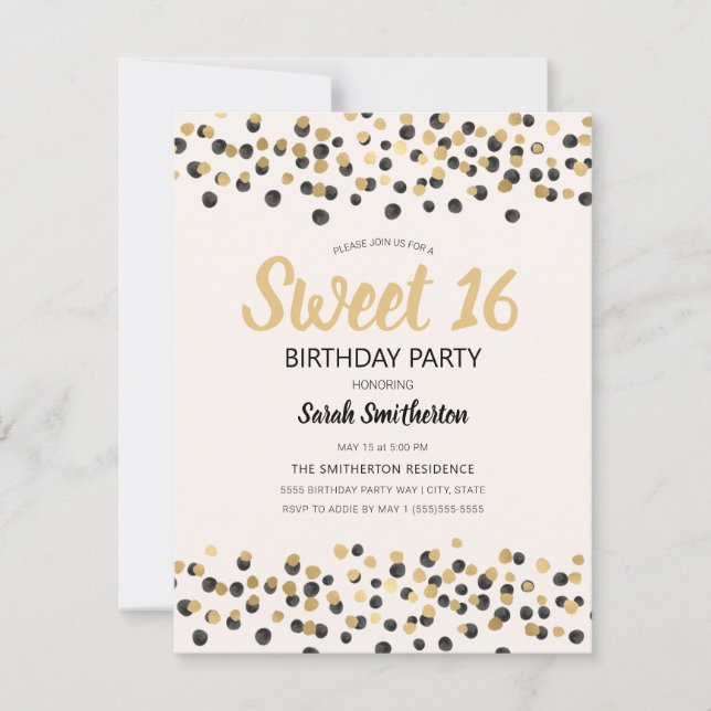 White Black Gold Confetti Glitter Sweet 16 Invitation (Front)