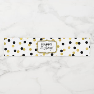 White Black Gold Confetti Happy Birthday! Water Bottle Label
