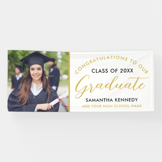 White  Black Gold Congrats Grad Photo Graduation   Banner (Horizontal)