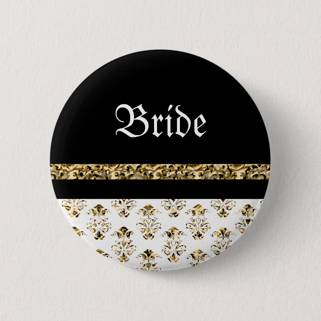 White black gold damask wedding 6 cm round badge (Front)