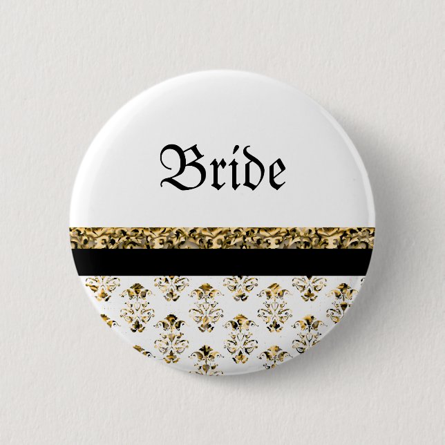 White black gold damask wedding 6 cm round badge (Front)
