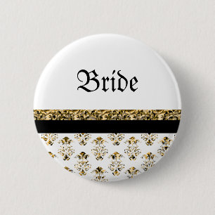White black gold damask wedding 6 cm round badge