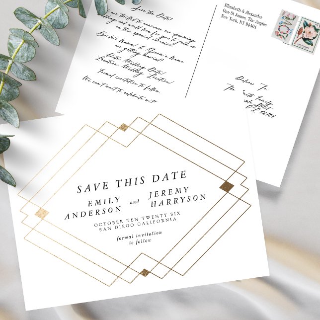 White Black Gold Deco Lines Save The Date Wedding Postcard (Creator Uploaded)
