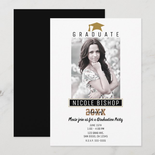 White Black Gold Modern Graduation Photo Party  Invitation (Front/Back)
