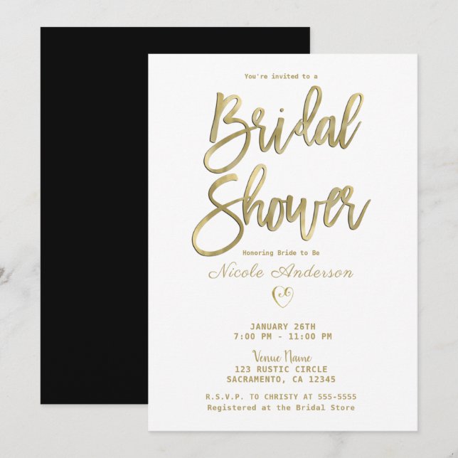 White Black Gold Modern Minimal Bridal Shower   Invitation (Front/Back)