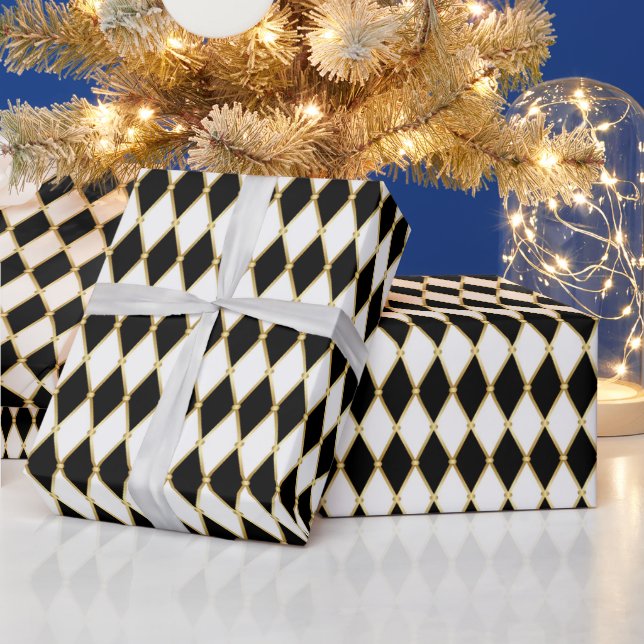 White Black Golden Harlequin Christmas Holiday Wrapping Paper (Holidays)