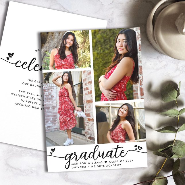 White Black Graduation 4 Photo Calligraphy Hearts Announcement (Creator Uploaded)