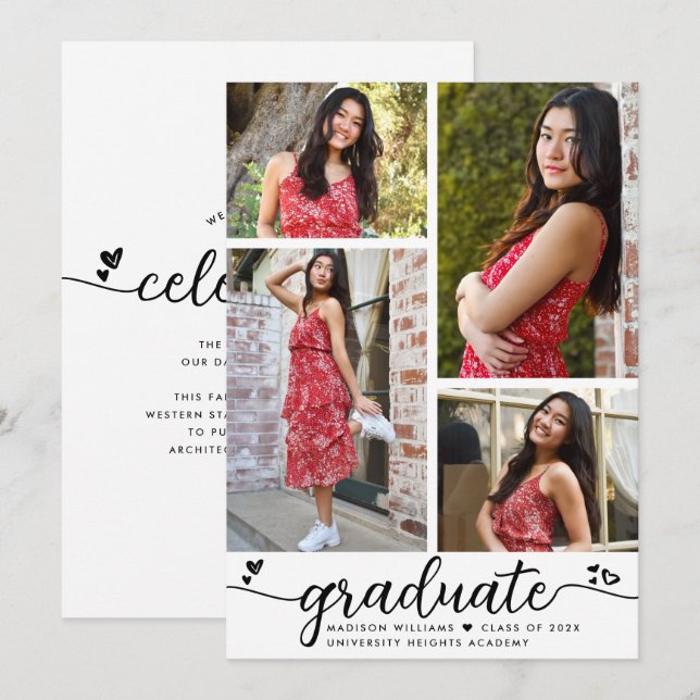 White Black Graduation 4 Photo Calligraphy Hearts Announcement (Front/Back)