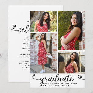White Black Graduation 4 Photo Calligraphy Hearts Invitation