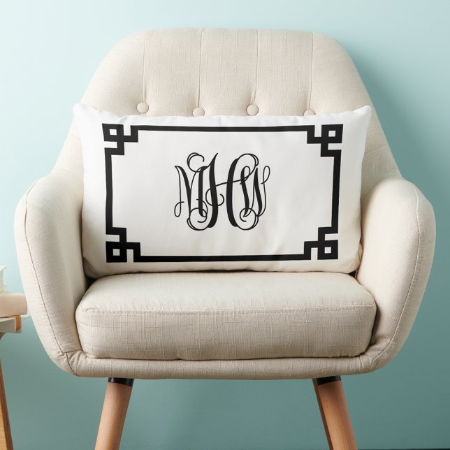 White Black Greek Key Vine Script Monogram DIY BG Lumbar Cushion (Creator Uploaded)