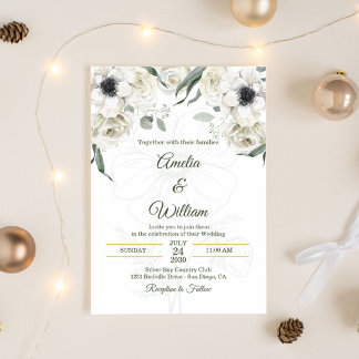 White Black Green Elegant Anemone Wedding Invitation