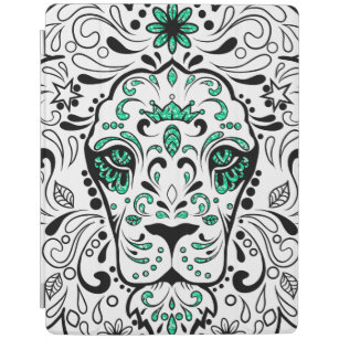 White Black & Green Glitter Lion Sugar Skull iPad Cover