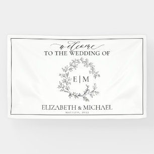 White Black Green Leafy Crest Monogram Wedding Banner