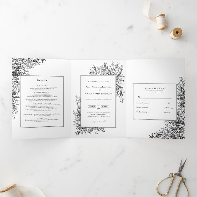 White Black Greenery Wedding Tri-Fold Invitation (Inside)