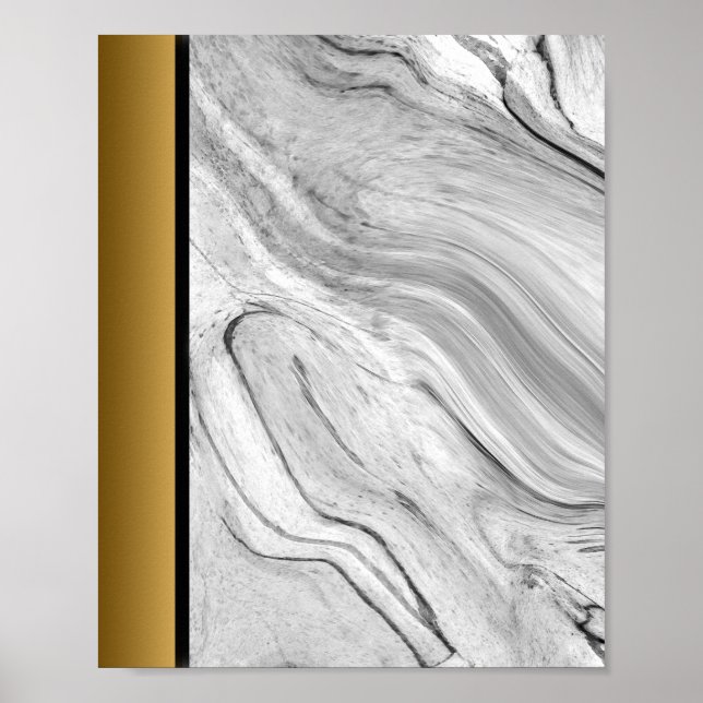 White Black Grey Marble / Black Gold Border Art  Poster (Front)