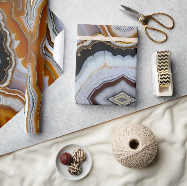 White Black Grey Orange Terracotta Agate Geode Wrapping Paper (Crafts)