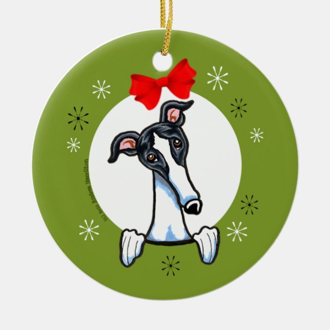 White Black Greyhound Christmas Classic Ceramic Tree Decoration (Front)