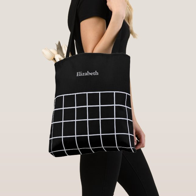 White black Grid Pattern Tote Bag (Close Up)