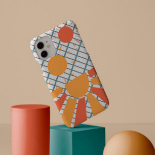 white & black grid Retro red orange Sunset on blue iPhone 13 Pro Case