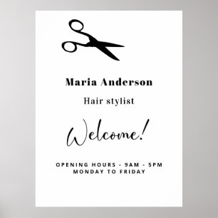 White black hair stylist opening hours welcome poster