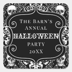 White Black Halloween Damask Skull Gothic Custom Square Sticker