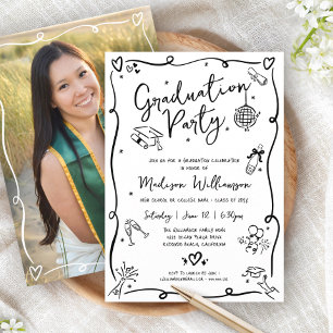 White Black Hand Drawn Doodle Photo Graduate Party Invitation