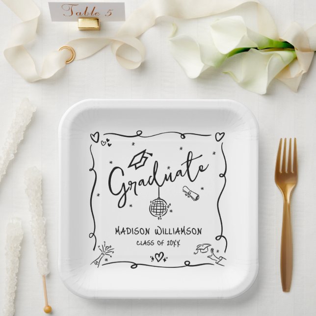 White Black Hand Drawn Doodles Graduation Quirky Paper Plate (Wedding)