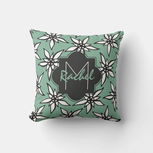 White & Black Hand Drawn Flowers on Teal Monogram Cushion (Front)