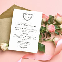 White & Black Heart Wreath 2 in 1 Wedding Invitati