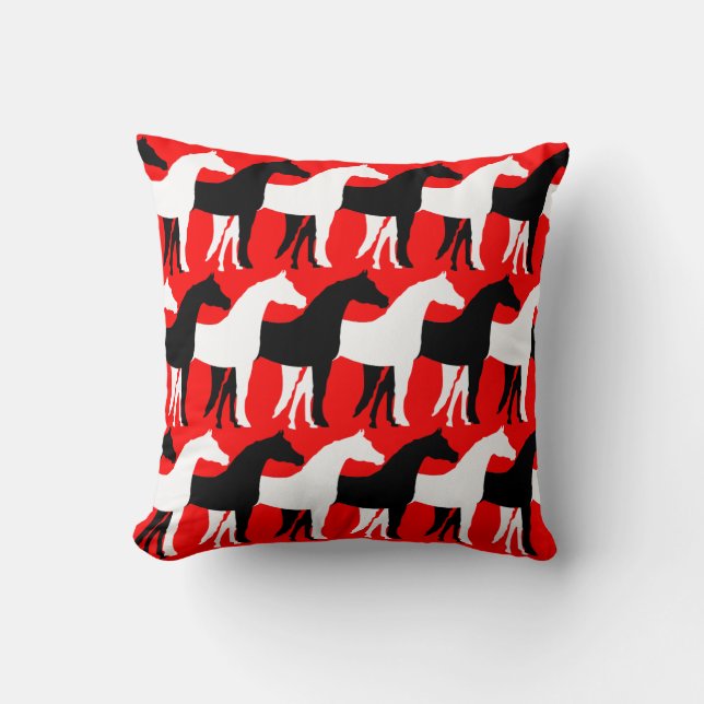 White, Black Horses/Red Background Cushion (Front)