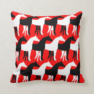 White, Black Horses/Red Background Cushion