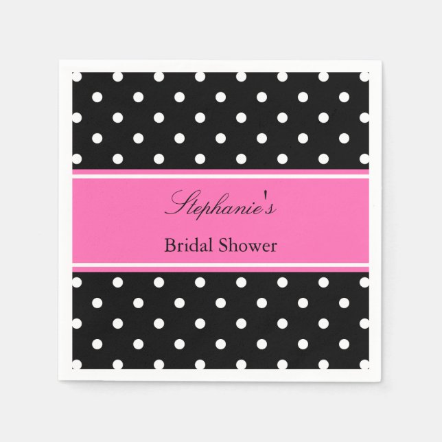 White Black, Hot Pink Polka Dot Bridal Shower Napkin (Front)