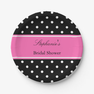 White Black, Hot Pink Polka Dot Bridal Shower Paper Plate