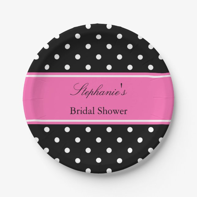 White Black, Hot Pink Polka Dot Bridal Shower Paper Plate (Front)