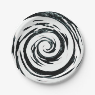 White & Black Hypnotic Swirl Art Paper Plate