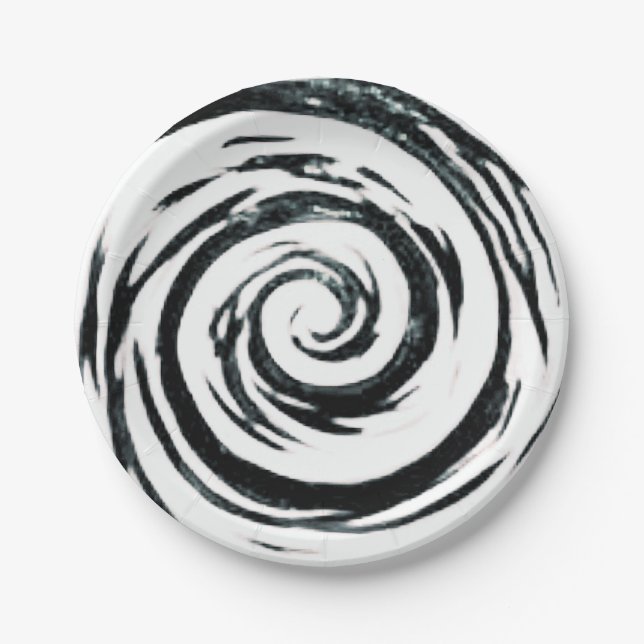 White & Black Hypnotic Swirl Art Paper Plate (Front)