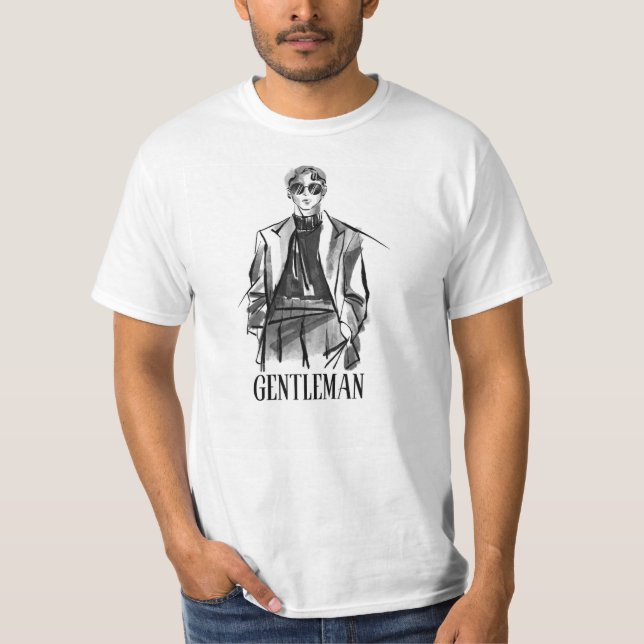 White Black Illustrated Brush Gentleman T-Shirt (Front)
