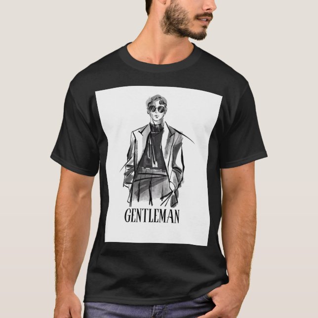 White Black Illustrated Brush Gentleman T-Shirt (Front)