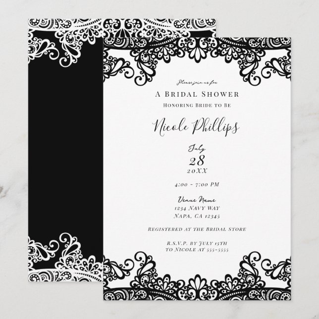 White & Black Lace Elegant Chic Bridal Shower   Invitation (Front/Back)