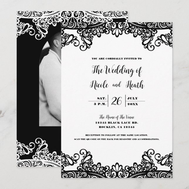 White & Black Lace Elegant Chic Wedding Invitation (Front/Back)