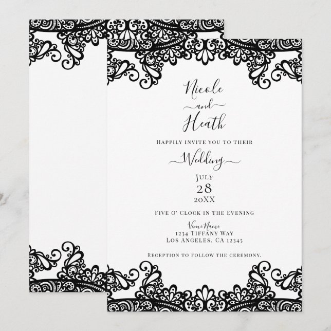 White & Black Lace Elegant Wedding  Invitation (Front/Back)