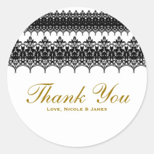 White & Black Lace Look Elegant Wedding Favour Classic Round Sticker