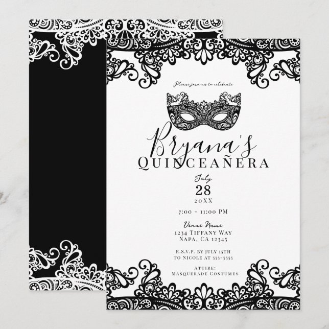 White & Black Lace Masquerade 15th Quinceañera Invitation (Front/Back)