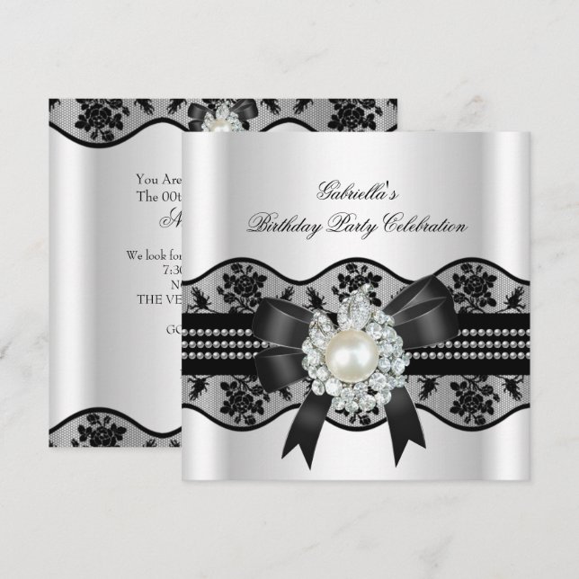 White Black Lace Pearl Elegant Birthday Party Invitation (Front/Back)