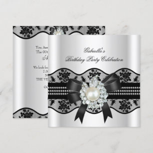 White Black Lace Pearl Elegant Birthday Party Invitation