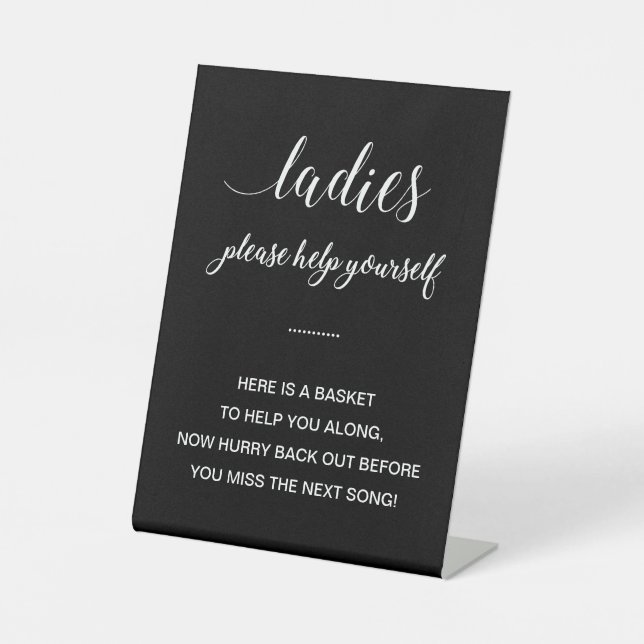 White Black Ladies Bathroom Basket Items Wedding Pedestal Sign (Front)