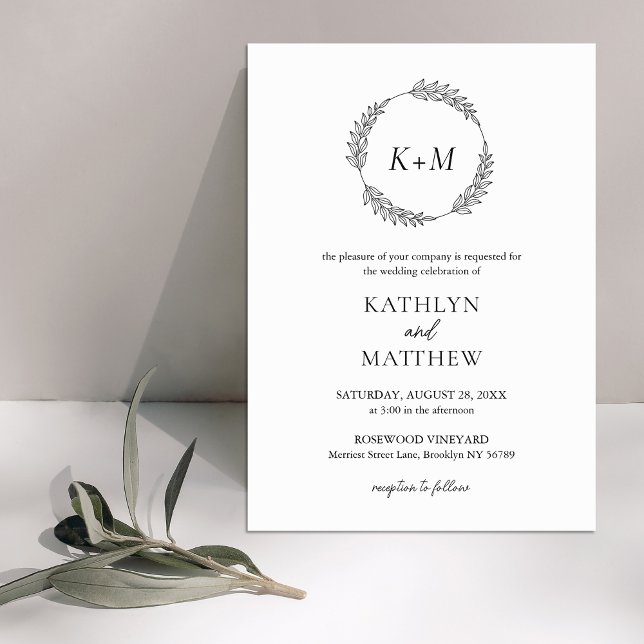 White Black Leaf Wreath Modern Monogram Wedding Invitation (Creator Uploaded)