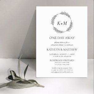 White Black Leaf Wreath Monogram One Day Away Invitation